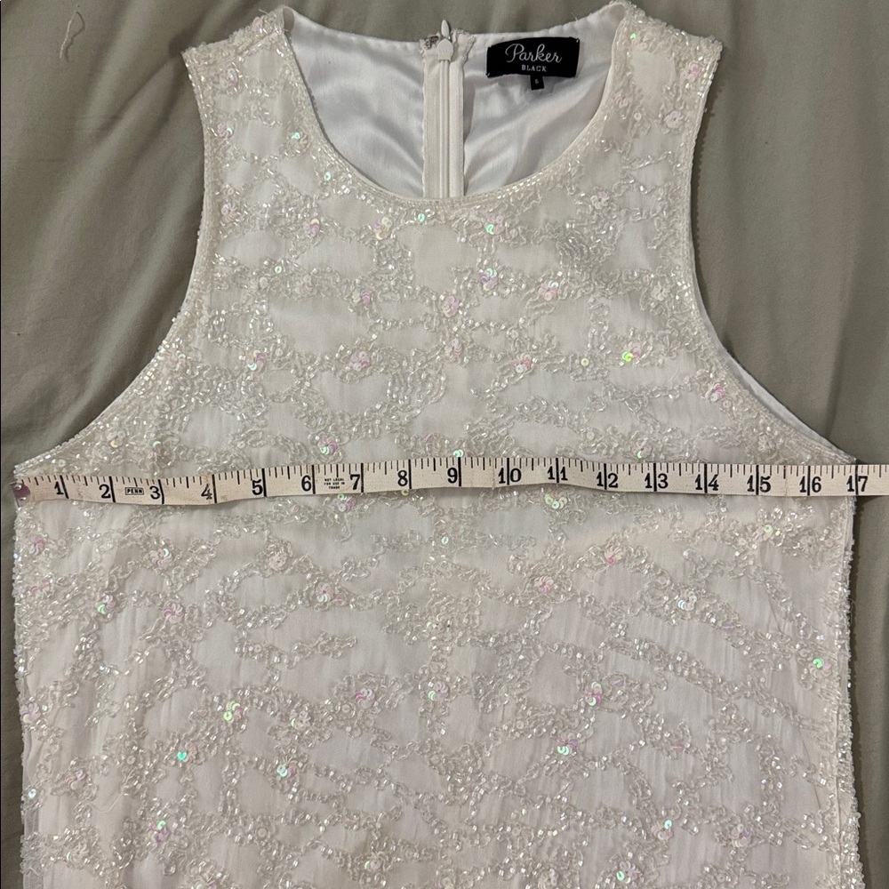 Parker Black White Ivory Mini Dress Size 6 Silk Beaded Bridal Wedding Elegant - Picture 10 of 11